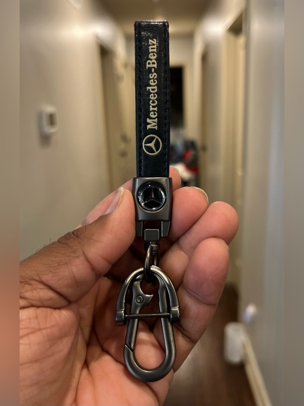 MERCEDES BENZ Black & Gold Leather Dark Gray Keychain